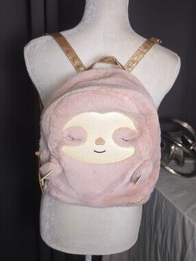 Under One Sky Pink Sloth Mini Backpack Plush Faux Fur Rose Gold Kawaii Bag